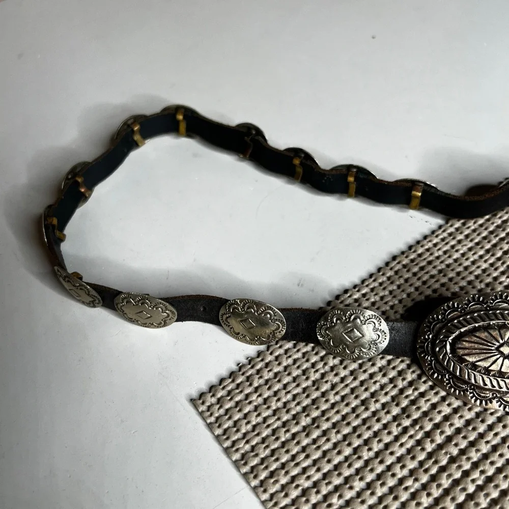 Vintage Alpaca Silver Concho Belt Leather Southwestern Western Boho Brown 33in